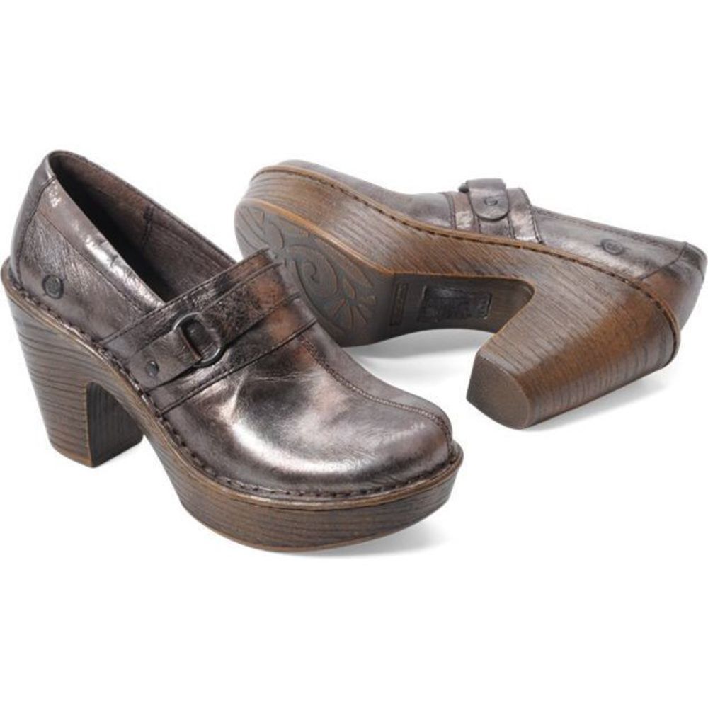 Born brown metallic heeled platform leather clogs size 9 distressed